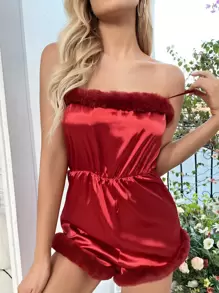 Fuzzy Trim Satin Cami Sleep Romper - Burgundy - View 4