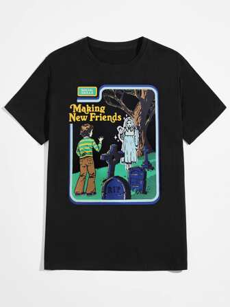 Stevenrhodes Men Cotton Letter Figure Graphic Tee, School