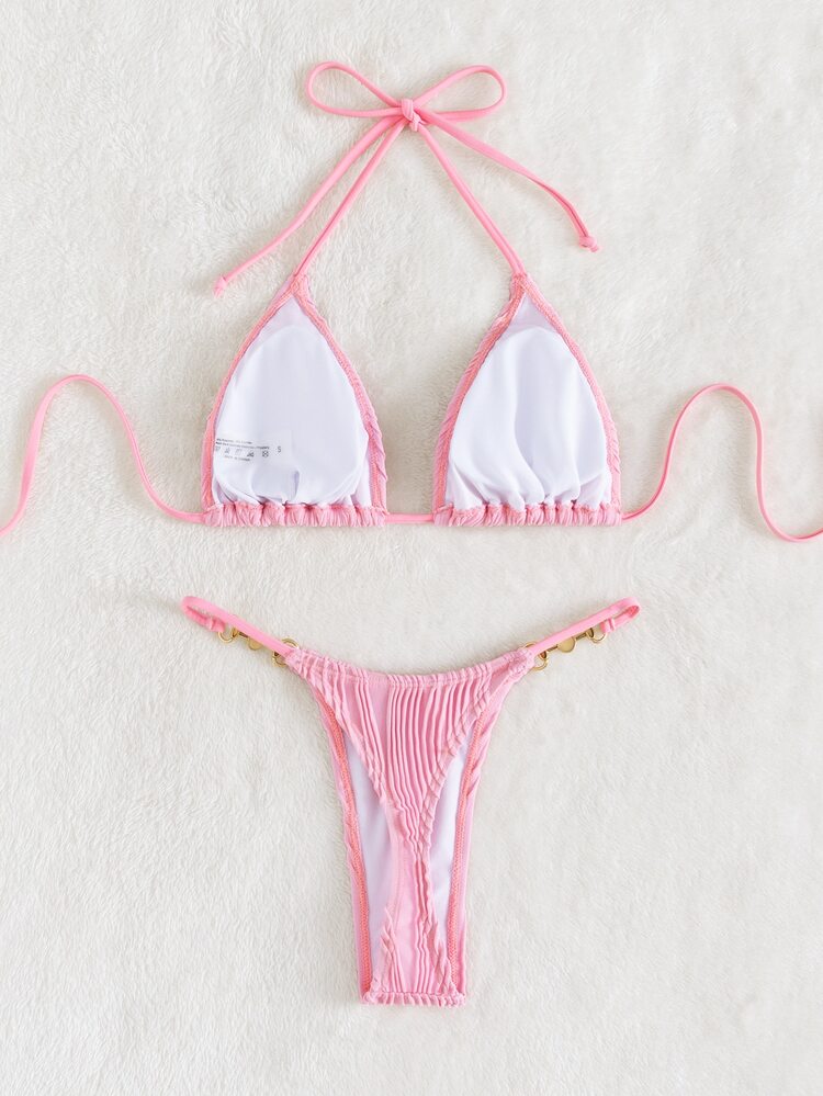 Faux Pearl Decor Tie Back Triangle Thong Summer Beach Bikini Set - Baby Pink - View 2