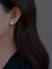 Nooxian Cubic Zirconia & Flower Decor Threader Earrings - Silver - View 2