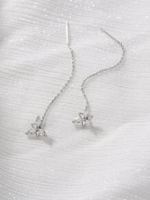 Nooxian Cubic Zirconia & Flower Decor Threader Earrings - Silver - View 8