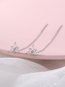 Nooxian Cubic Zirconia & Flower Decor Threader Earrings - Silver - View 3