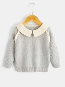 嬰兒拼接領插肩袖套頭毛衣 - 淺灰色 - 查看 1