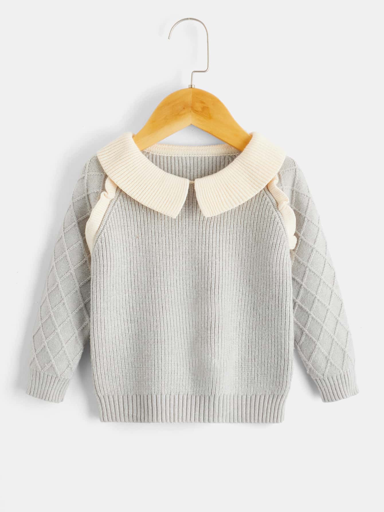 嬰兒拼接領插肩袖套頭毛衣 - 淺灰色 - 查看 1