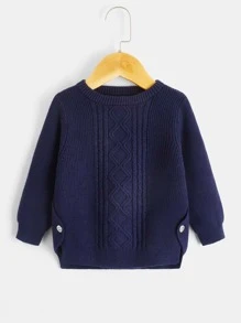 Baby Button Side Asymmetrical Hem Jumper - Navy Blue - View 1