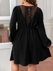 SHEIN Frenchy Plus Contrast Embroidery Mesh Back Flounce Sleeve Dress - Black - View 1