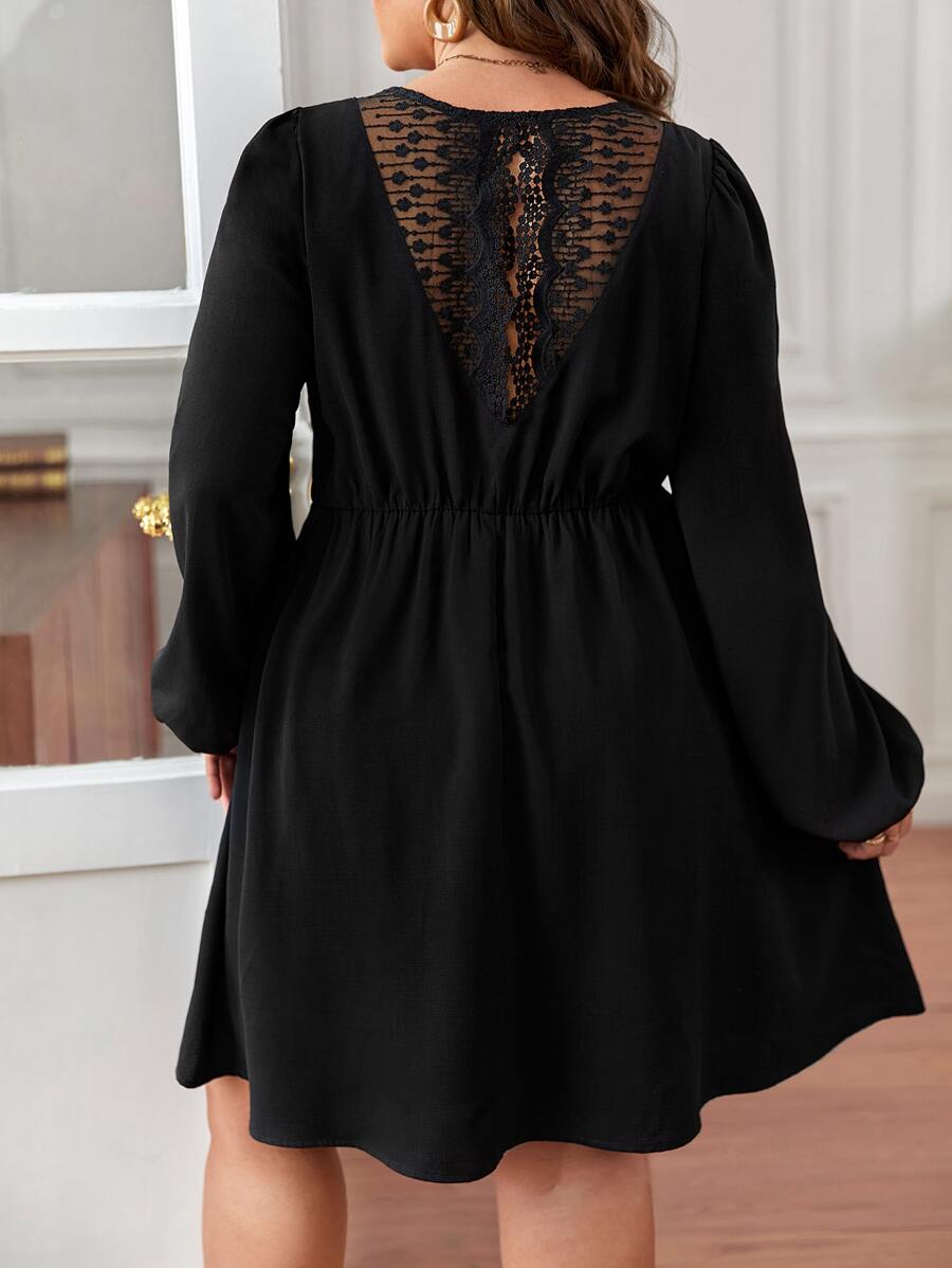 SHEIN Frenchy Plus Contrast Embroidery Mesh Back Flounce Sleeve Dress - Black - View 1