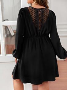 SHEIN Frenchy Plus Contrast Embroidery Mesh Back Flounce Sleeve Dress - Black - View 3