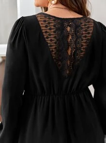 SHEIN Frenchy Plus Contrast Embroidery Mesh Back Flounce Sleeve Dress - Black - View 4