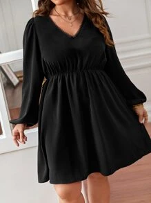 SHEIN Frenchy Plus Contrast Embroidery Mesh Back Flounce Sleeve Dress - Black - View 5