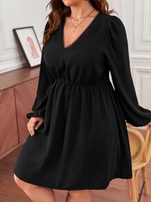 SHEIN Frenchy Plus Contrast Embroidery Mesh Back Flounce Sleeve Dress - Black - View 6