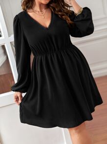 SHEIN Frenchy Plus Contrast Embroidery Mesh Back Flounce Sleeve Dress - Black - View 7