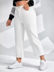 SHEIN EZwear Plus High Waist Ripped Raw Cut Straight Leg Jeans - White - View 1