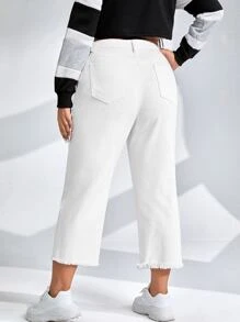 SHEIN EZwear Plus High Waist Ripped Raw Cut Straight Leg Jeans - White - View 2