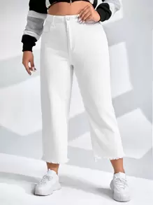 SHEIN EZwear Plus High Waist Ripped Raw Cut Straight Leg Jeans - White - View 3