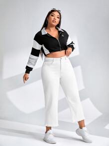 SHEIN EZwear Plus High Waist Ripped Raw Cut Straight Leg Jeans - White - View 4