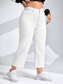 SHEIN EZwear Plus High Waist Ripped Raw Cut Straight Leg Jeans - White - View 5
