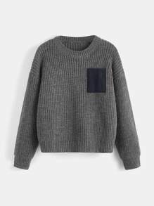 SHEIN Boys Contrast Pocket Drop Shoulder Jumper - Dark Grey - View 1