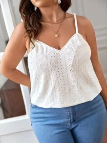 SHEIN Frenchy Plus Embroidery Mesh Cami Top - White - View 5