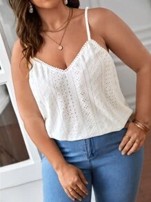 SHEIN Frenchy Plus Embroidery Mesh Cami Top - White - View 6