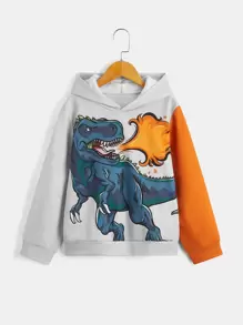 SHEIN Boys Colourblock Dinosaur Print Drop Shoulder Hoodie - Grey - View 1