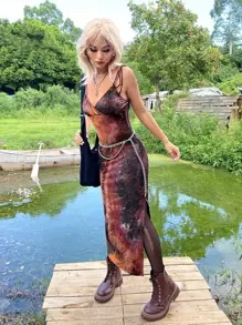 ROMWE PUNK Váy Dây Grunge Nhuộm buộc Viền chia cắt Không có thắt lưng - Nhiều màu - Xem 4