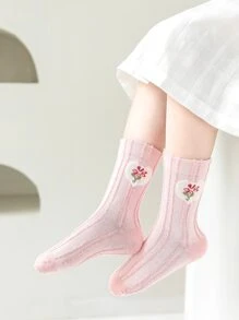 5 Pairs Girls Floral Lace Trim Socks, Princess Style Mid-Calf Socks, All Season - Multicolor - View 3