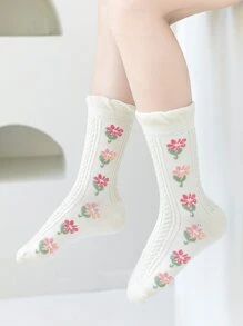 5 Pairs Girls Floral Lace Trim Socks, Princess Style Mid-Calf Socks, All Season - Multicolor - View 2
