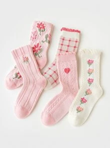 5 Pairs Girls Floral Lace Trim Socks, Princess Style Mid-Calf Socks, All Season - Multicolor - View 1
