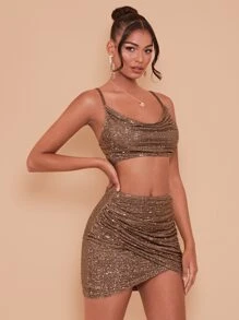 SHEIN BAE Top de tirantes con fruncido delantero de espalda abierta con lentejuelas & Falda ajustada fruncido - Marrón - Ver 4