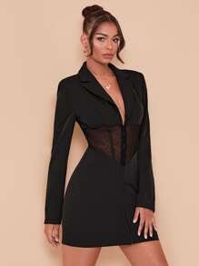 SHEIN BAE 西裝領蕾絲花邊西裝洋裝 - 黑色 - 查看 3