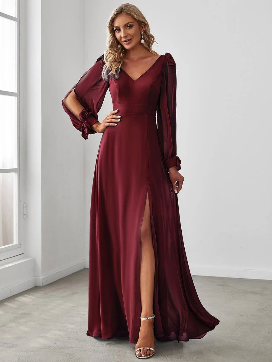 Fall Winer Split Thigh Chiffon Elegant Long Sleeve Burgundy Bridesmaid Dress For Wedding Formal Dresses