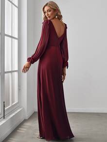 Fall Winer Split Thigh Chiffon Elegant Long Sleeve Burgundy Bridesmaid Dress For Wedding Formal Dresses - Maroon - View 3
