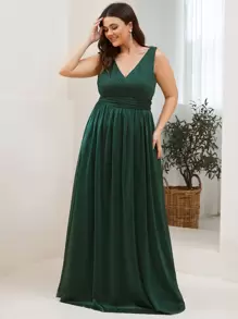 大碼對V領後拉鏈閃亮舞會連衣裙 - 墨綠色 - 查看 3