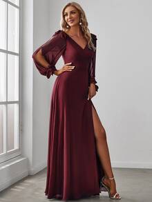 Fall Winer Split Thigh Chiffon Elegant Long Sleeve Burgundy Bridesmaid Dress For Wedding Formal Dresses - Maroon - View 5
