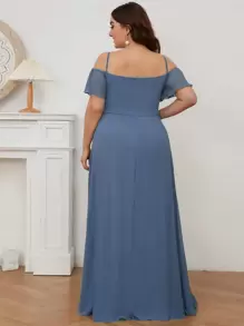 EVERPRETTY 大碼挖肩開衩大腿雪紡連衣裙 - 霧霾藍 - 查看 3