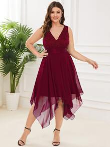EVERPRETTY Plus Contrast Lace Asymmetrical Hem Party Dress - Burgundy - View 1