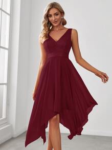 EVERPRETTY Đầm ôm sát không tay cổ chữ V bằng ren với vạt áo xếp tầng, thanh lịch cho tiệc cocktail, dạ hội bán trang trọng, trang phục dự đám cưới, màu đỏ rượu vang, phù hợp cho sinh nhật, lễ tốt nghiệp, các sự kiện họp mặt. - Màu Đỏ Sâu - Xem 2