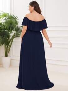 大碼開衩大腿荷葉邊露肩舞會連衣裙