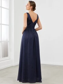 Vestido De Fiesta Con Corpiño Fruncido Y Cuello En V Doble - Azul Marino - Ver 2