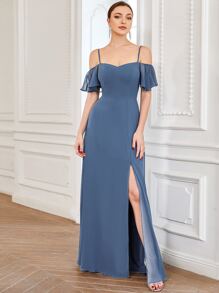 EVERPRETTY 挖肩高衩雪紡伴娘連衣裙