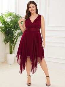 EVERPRETTY Plus Contrast Lace Asymmetrical Hem Party Dress - Burgundy - View 3