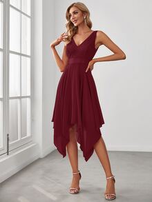 EVERPRETTY Đầm ôm sát không tay cổ chữ V bằng ren với vạt áo xếp tầng, thanh lịch cho tiệc cocktail, dạ hội bán trang trọng, trang phục dự đám cưới, màu đỏ rượu vang, phù hợp cho sinh nhật, lễ tốt nghiệp, các sự kiện họp mặt. - Màu Đỏ Sâu - Xem 4