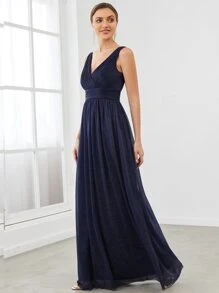 Vestido De Fiesta Con Corpiño Fruncido Y Cuello En V Doble - Azul Marino - Ver 4