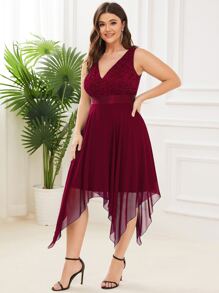 EVERPRETTY Plus Contrast Lace Asymmetrical Hem Party Dress - Burgundy - View 4