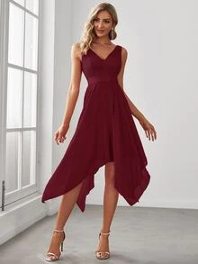 EVERPRETTY Đầm ôm sát không tay cổ chữ V bằng ren với vạt áo xếp tầng, thanh lịch cho tiệc cocktail, dạ hội bán trang trọng, trang phục dự đám cưới, màu đỏ rượu vang, phù hợp cho sinh nhật, lễ tốt nghiệp, các sự kiện họp mặt. - Màu Đỏ Sâu - Xem 5