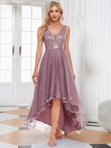 EVERPRETTY Double V Neck Sequin Bodice High Low Mesh Bridesmaid Dress - Dusty Pink - View 3