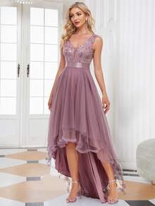EVERPRETTY Double V Neck Sequin Bodice High Low Mesh Bridesmaid Dress - Dusty Pink - View 4