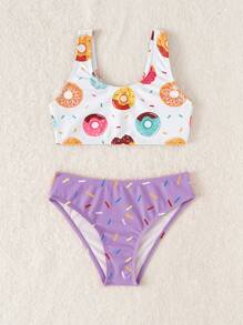 Young Girl Donuts Print Bikini Set Summer Beach Summer Holiday - Multicolor - View 5
