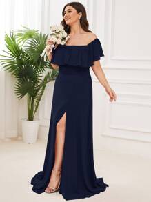 大碼開衩大腿荷葉邊露肩舞會連衣裙